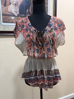 Rue21 Coral, Gray and Blue Boho Lace-Up Peplum Blouse